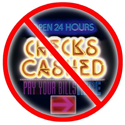 photo of sign with red slash symbol over "open 24 hours, checks cashed"