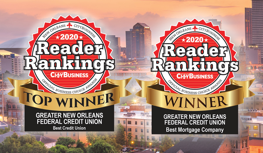2020 New Orleans City Business Reader Rankings Top Winner Best Credit Union & Winner Best Mortgage Company Logos on New Orleans Skyline Photo