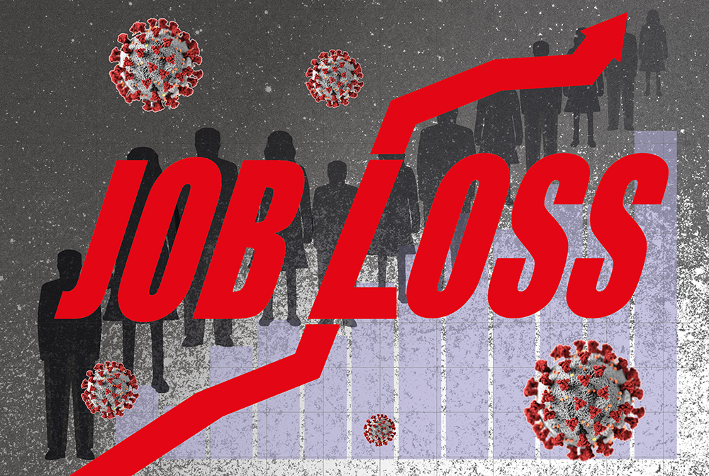 Job loss in words with intersecting line chart and silhouettes of people overlaid with coronavirus Covid-19; Shutterstock ID 1739351645; CUID Number (on creative Hub): 18578; Organization Name: Greater New Orleans FCU; Usage (Sales, Marketing, Internal, Other): Marketing