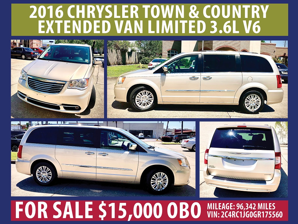 2016 Chrysler Town & Country Extended Van Limited 3.6L V6 FOR SALE $15,000 OBO Mileage: 96,342 miles VIN: 2C4RC1JG0GR175560